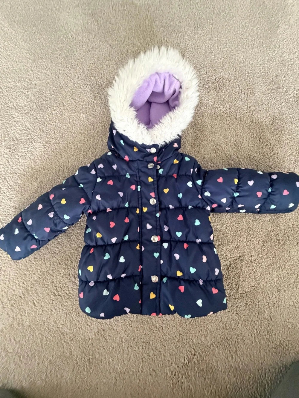 Carters Navy Heart-Print Puffer Coat with Faux Fur Hood - Kids
